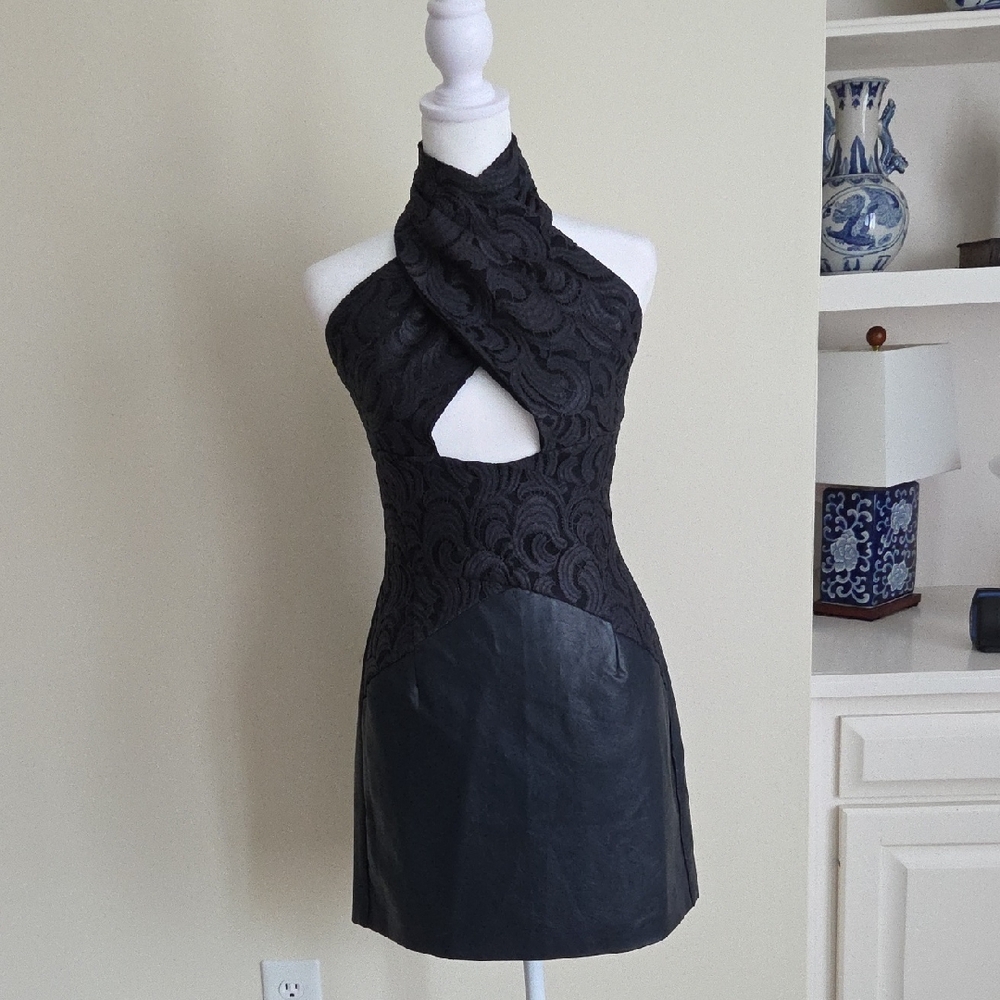 Anthropologie Eva Franco Faux Leather Navy Lace Dress NWOT